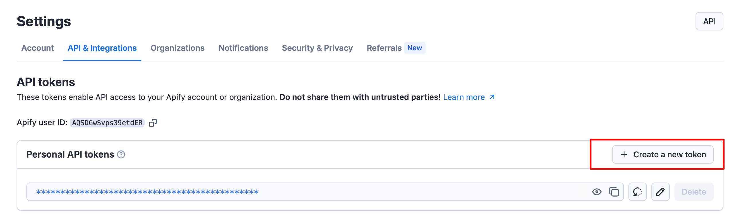 Apify Settings > API & Integrations with API token